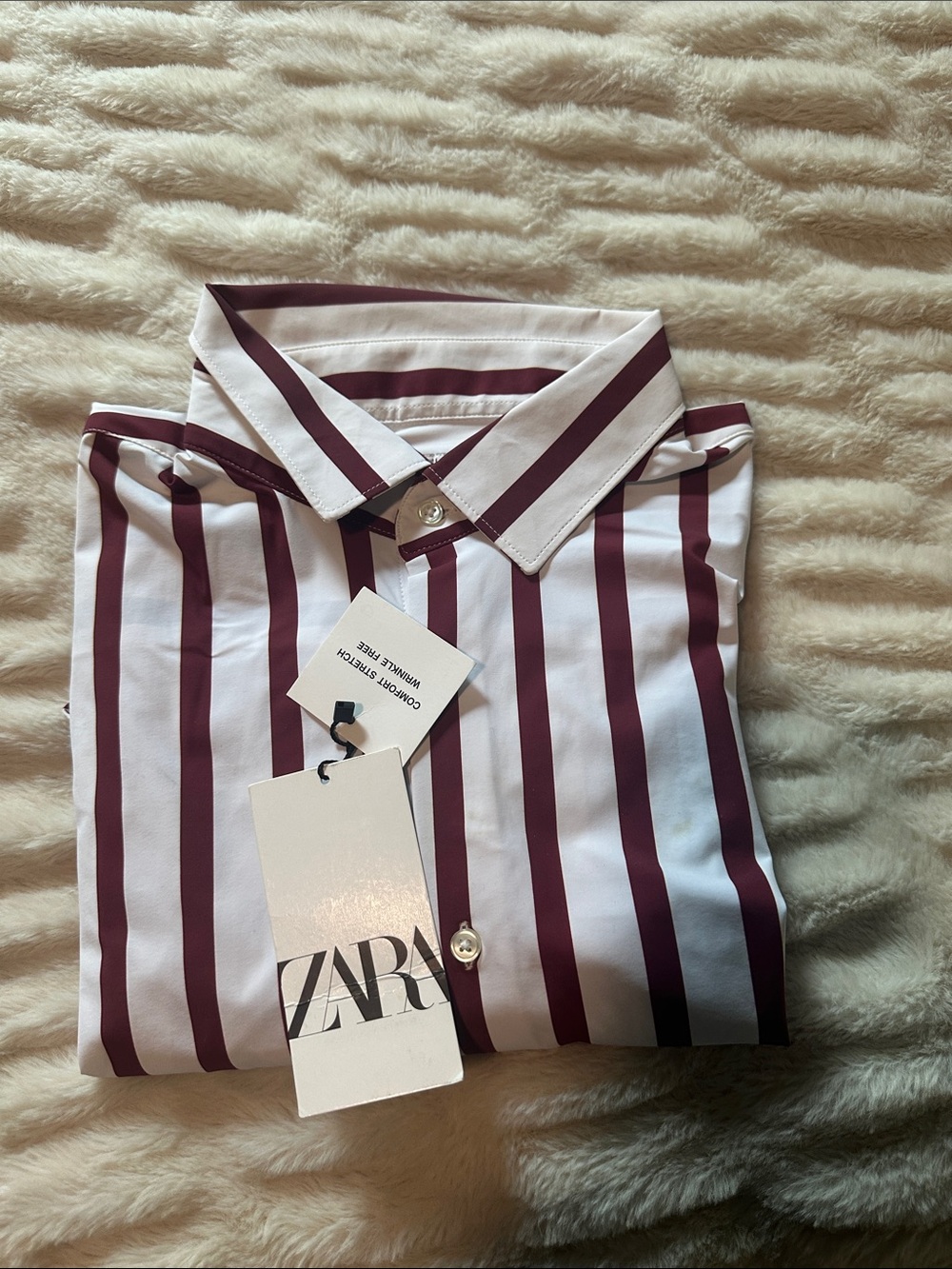 ZARA Women’s White & Burgundy Stripe Button-Up Shirt NWT Small